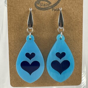 Acrylic Teardrop Earrings with Inlay Hearts in shades of blue.  Laser Cut Dangle Earrings,  Mother&#39;s Day Gift, Stainless Steel ear wires