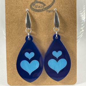 Acrylic Teardrop Hearts Inlay Earrings, Laser Cut Dangle Earrings, Blue Heart Earrings, Mother&#39;s Day Gift, Stainless Steel ear wire
