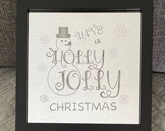 Illuminated Christmas Shadow Box Mirror - Laser Engraved Snowman Mirror - Holly Jolly Christmas Light Up Mirror - LED Christmas Decor