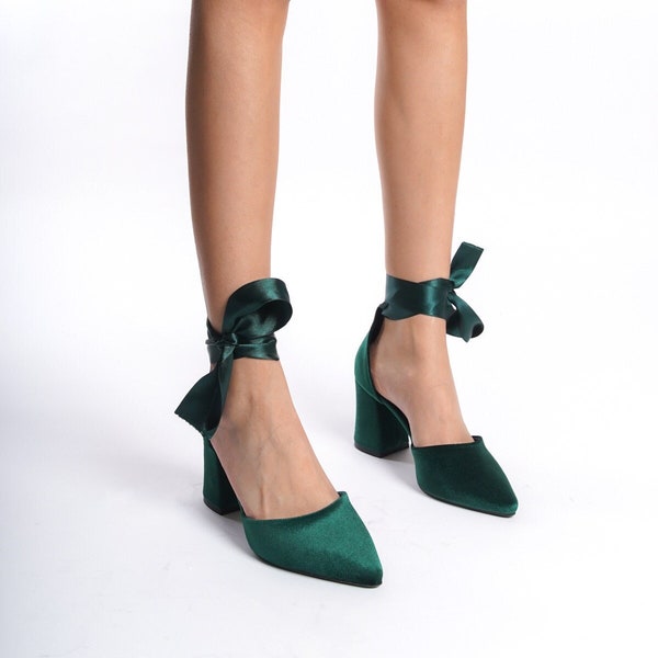 Green Velvet Heels, Green Velvet Shoes, Green High Heels, Green Bridal Shoes, Green Wedding Shoes, Green Block Heels, Ankle Strap Heels