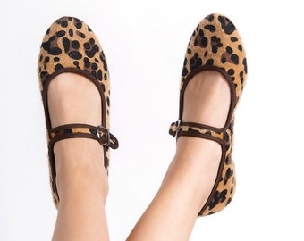 Mary Jane leopardate, scarpe Mary Jane leopardate, Mary Jane piatte con tacco basso, ballerine, scarpe vintage da donna, Mary Jane morbide in pelle vegana