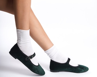 Green Velvet Mary Janes, Green Mary Jane Shoes, Soft Mary Jane Shoes, Low  Heel Mary Jane Flats, Women's Vintage Shoes, Ballet Flats