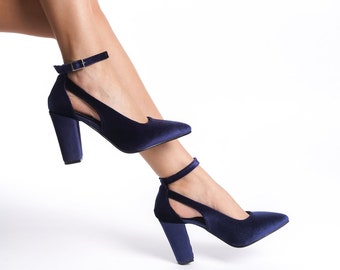Blue Velvet Heels, Blue Velvet Shoes, Navy Blue Bridal Shoes, Blue High Heels, Blue Wedding Shoes, Dark Blue Block Heels, Ankle Bride Heels