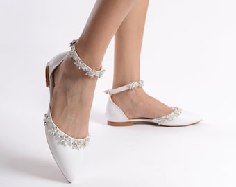 Bridal Flats, Bridal Shoes, Wedding Shoes, Bridal Ballet Flats, Ankle Strap Heels, Women's White Low Heels, Wedding Flats, Evening Shoes