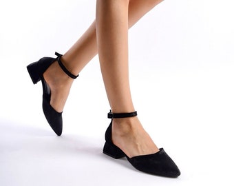 Black Velvet Heels, Black Velvet Shoes, Black Bridal Shoes, Black Bridal Low Heels, Black Wedding Shoes, Ankle Strap Bride Heels