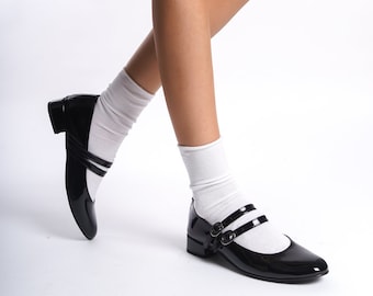 Mary Janes de doble tira, Mary Janes negras, Mary Janes de charol vegano negras, Zapatos Mary Jane de salón, Zapatos vintage para mujer, Bailarinas