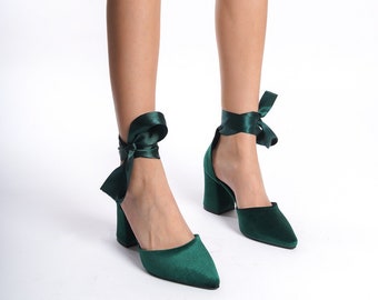 Green Velvet Heels, Green Velvet Shoes, Green High Heels, Green Bridal Shoes, Green Wedding Shoes, Green Block Heels, Ankle Strap Heels