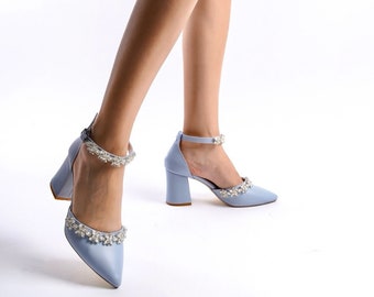 Talons hauts bleus, chaussures de mariage bleues, chaussures bleu bébé, talons bleu clair, talons pour mariage, chaussures de mariée bleues, talons bloc bleus, talon avec bride cheville