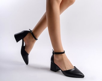 Zapatos de boda negros, tacones bajos negros, zapatos de novia negros, tacones de boda negros, tacones de bloque negros, tacones con tira al tobillo, zapatos de noche de tacón medio