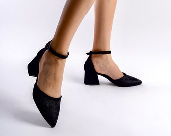 Black Velvet Heels, Black Velvet Shoes, Black Bridal Shoes, Black Bridal Low Heels, Black Wedding Shoes, Ankle Strap Bride Heels