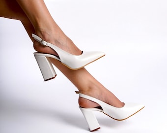 Witte bruidsschoenen, slingback bruidschoenen, witte trouwschoenen, dames hoge hakken, bruidsblokhakken, hoge slingback schoenen, bruidschoenen