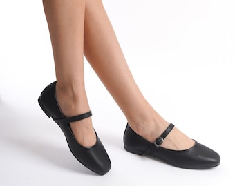 Chaussures Mary Jane noires, Chaussures Mary Jane noires en cuir végétalien, Chaussures plates Mary Jane à talon bas, Chaussures vintage pour femme, Ballerines