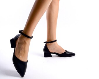 Zapatos de boda negros, tacones bajos negros, zapatos de novia negros, tacones de boda negros, tacones de bloque negros, tacones con correa en el tobillo, zapatos de noche de tacón bajo