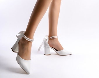 White High Heels, Bride Shoes, White Wedding Shoes, Bridal Shoes, Ankle Strap Heels, Bridal Block Heels, White Evening Shoes