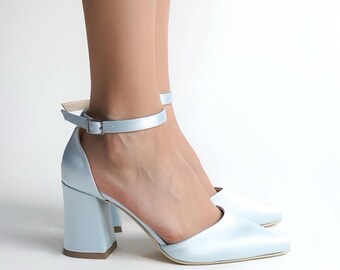 Blue Satin Shoes, Blue Wedding Shoes, Blue High Heels, Baby Blue Shoes, Wedding Heels, Blue Block Heels, Blue Bridal Shoes, Ankle Strap Heel