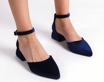 Blue Velvet Heels, Blue Velvet Shoes, Blue Low Heels, Navy Blue Heels, Blue Block Heels, Blue Wedding Shoes, Ankle Strap Heels, Bridal Shoes