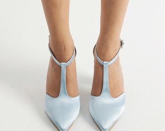 Blue Satin Shoes, Blue Wedding Shoes, Blue High Heels, Baby Blue Shoes, Wedding Heels, Blue Block Heels, Blue Bridal Shoes, Ankle Strap Heel