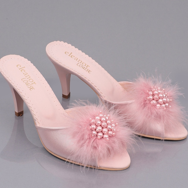 Chaussons plumes de marabout, chaussons de mariée, talons plumes, chaussures de mariée pour demoiselles d'honneur, chaussons de mariage, chaussons boudoir pour femmes, cadeau pour la mariée