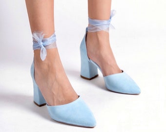 Blue Suede Shoes, Blue Wedding Shoes, Blue High Heels, Baby Blue Shoes, Wedding Heels, Blue Block Heels, Blue Bridal Shoes, Ankle Strap Heel