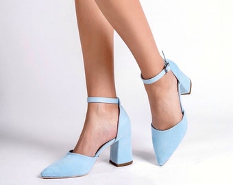 Blue Suede Shoes, Blue Wedding Shoes, Blue High Heels, Baby Blue Shoes, Wedding Heels, Blue Block Heels, Blue Bridal Shoes, Ankle Strap Heel