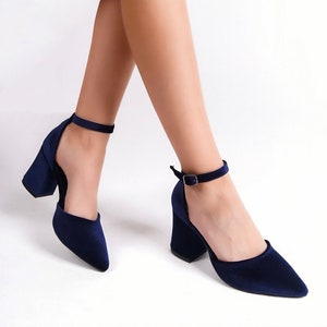Blue Velvet Heels, Blue Velvet Shoes, Blue High Heels, Navy Blue Heels, Blue Block Heels, Blue Wedding Shoes, Ankle Strap Heel, Bridal Shoes