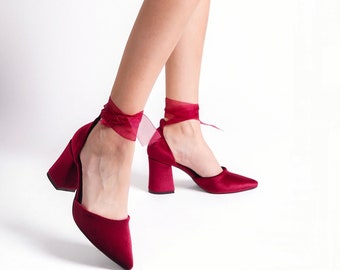 Red Velvet Heels, Burgundy Velvet Shoes, Red Bridal Shoes, Burgundy Wedding Shoes, Red High Heels, Dark Red Velvet Shoes, Ankle Strap Heels