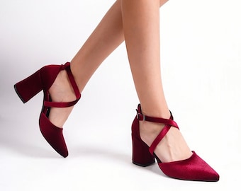 Red Velvet Heels, Burgundy Velvet Shoes, Red Bridal Shoes, Burgundy Wedding Shoes, Red High Heels, Dark Red Velvet Shoes, Criss Cross Heels