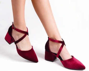 Red Velvet Heels, Burgundy Velvet Shoes, Red Bridal Shoes, Burgundy Wedding Shoes, Red Low Heels, Dark Red Velvet Shoes, Criss Cross Heels