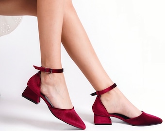 Red Velvet Heels, Burgundy Velvet Shoes, Red Bridal Shoes, Burgundy Wedding Shoes, Red Low Heels, Dark Red Velvet Shoes, Ankle Strap Heels