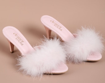 Feather Slippers, Bridal Slippers, Feather Heels, Marabou Slippers, Women's Boudoir Slippers, Wedding Slippers, Bride Slippers, Bride Gift