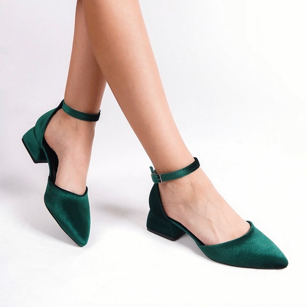 Green Velvet Heels, Green Velvet Shoes, Green Block Heels, Green Low Heels, Green Wedding Heels, Green Bridal Heels, Green Bride Shoes