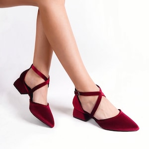 Red Velvet Heels, Burgundy Velvet Shoes, Red Bridal Shoes, Burgundy Wedding Shoes, Red Low Heels, Dark Red Velvet Shoes, Criss Cross Heels