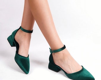 Grüne Samt Absätze, Grüne Samt Schuhe, Grüne Block Absätze, Grüne Niedrige Absätze, Grüne Hochzeit Absätze, Grüne Braut Schuhe