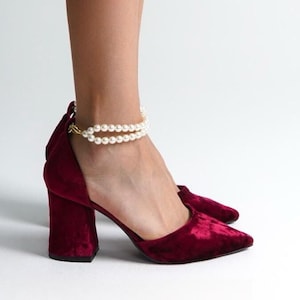 Red Velvet Heels, Burgundy Velvet Shoes, Red Bridal Shoes, Burgundy Wedding Shoes, Red High Heels, Dark Red Velvet Shoes, Ankle Strap Heels