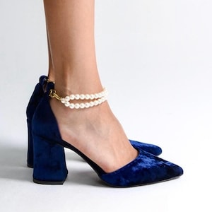 Blue Velvet Heels, Blue Velvet Shoes, Blue High Heels, Navy Blue Heels, Blue Block Heels, Blue Wedding Shoes, Ankle Strap Heel, Bridal Shoes