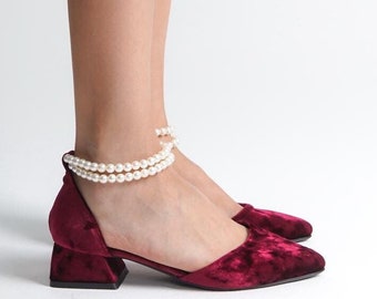 Red Velvet Heels, Burgundy Velvet Shoes, Red Bridal Shoes, Burgundy Wedding Shoes, Red Low Heels, Dark Red Velvet Shoes, Ankle Strap Heels
