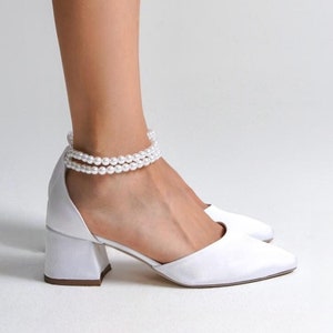 White Satin Bridal Heels, Bride Shoes, White Block Heels, White Wedding Shoes, White Low Heels, Silky Satin Shoes, Ankle Strap Heels