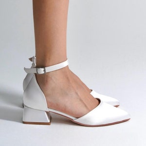 White Satin Bridal Heels, Bride Shoes, White Block Heels, White Wedding Shoes, White Low Heels, Silky Satin Shoes, Ankle Strap Heels