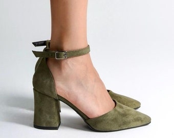 Sage Green Suede Shoes, Green Wedding Shoes, Sage Green Shoes, Green High Heels, Green Suede Heels, Green Bridal Shoes, Green Block Heels