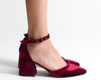 Red Velvet Heels, Burgundy Velvet Shoes, Red Bridal Shoes, Burgundy Wedding Shoes, Red Low Heels, Dark Red Velvet Shoes, Ankle Strap Heels