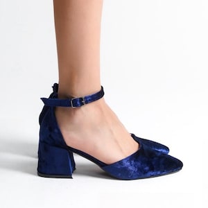 Blue Velvet Heels, Blue Velvet Shoes, Blue Low Heels, Navy Blue Heels, Blue Block Heels, Blue Wedding Shoes, Navy Blue Heels, Bridal Shoes