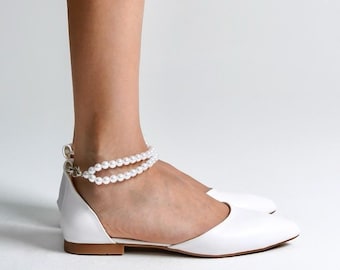 White Bridal Flats, Bridal Shoes, Wedding Shoes, Bridal Ballet Flats, Ankle Strap Heels, White Low Heels, Wedding Flats, Evening Shoes