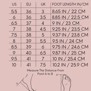 May include: Size chart for women's shoes showing US, EU, and UK sizes with corresponding foot length in inches and centimeters. The chart includes sizes 5.5 to 10.