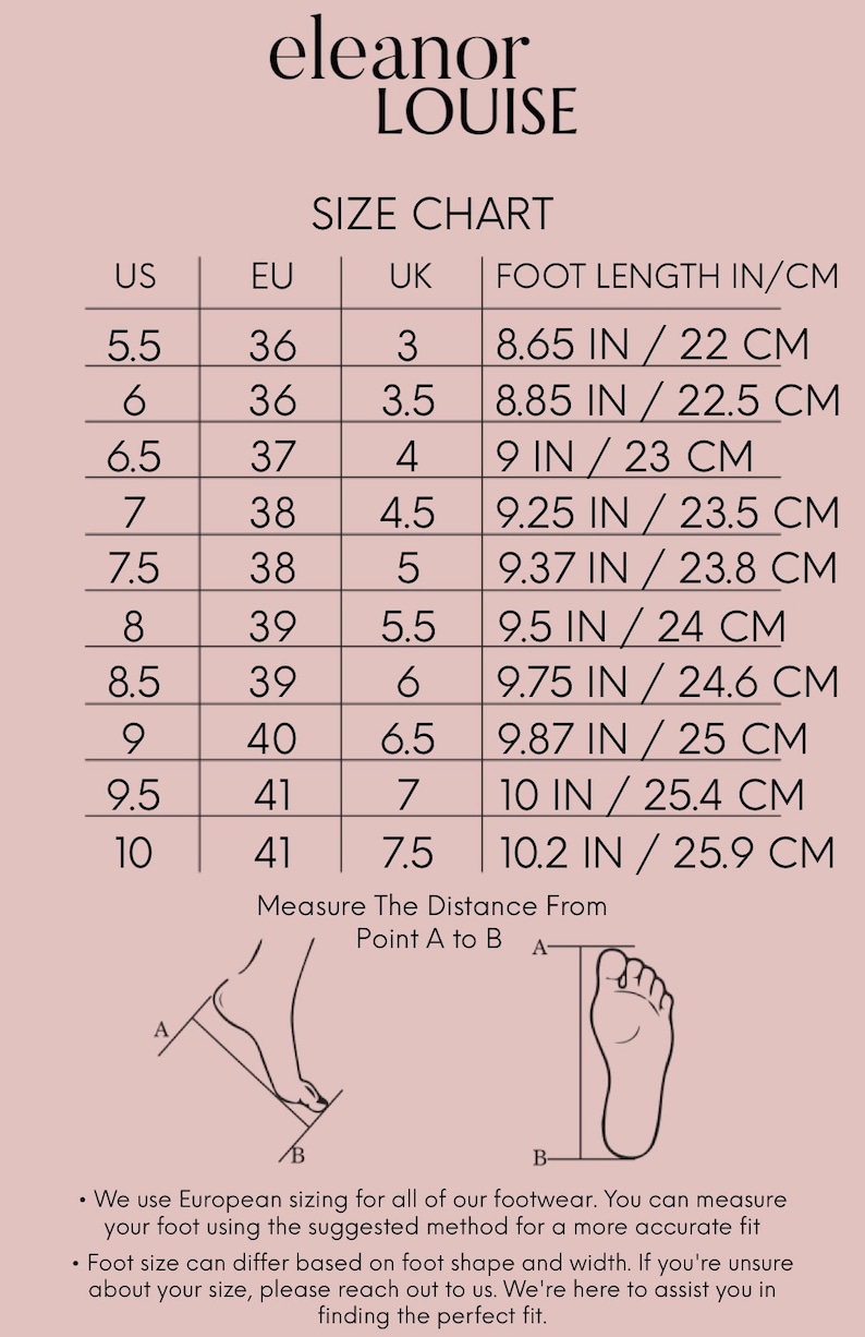 May include: Size chart for women's shoes showing US, EU, and UK sizes with corresponding foot length in inches and centimeters. The chart includes sizes 5.5 to 10.
