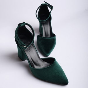 Green Velvet Heels, Green Velvet Shoes, Green High Heels, Green Bridal Shoes, Green Wedding Shoes, Green Block Heels, Ankle Strap Heels image 3