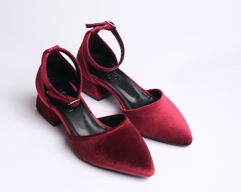 Red Velvet Heels, Burgundy Velvet Shoes, Red Bridal Shoes, Burgundy Wedding Shoes, Red Low Heels, Dark Red Velvet Shoes, Ankle Strap Heels