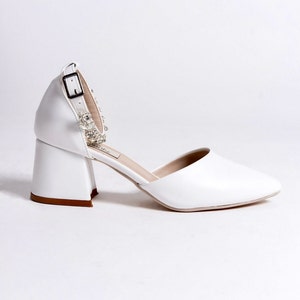 White Wedding Shoes, White Low Heels, White Block Heels, White Heels, White Bridal Shoes, Bridal Block Heels, Low Heels, Pointed Toe Heels image 7