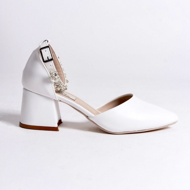 White Wedding Shoes, White Low Heels, White Block Heels, White Heels, White Bridal Shoes, Bridal Block Heels, Low Heels, Pointed Toe Heels image 7