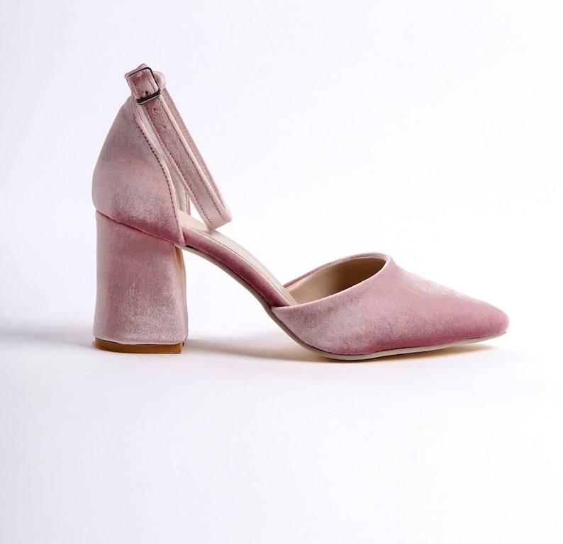 Rose Velvet Heels, Rose Velvet Wedding Shoes, Blush Bridal Shoes, Pink Wedding Shoes, Pink High Heels, Pink Velvet Shoes, Ankle Strap Heels image 8