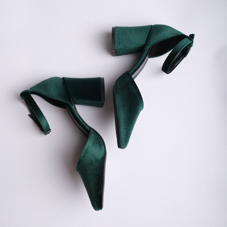 Green Velvet Heels, Green Velvet Shoes, Green High Heels, Green Bridal Shoes, Green Wedding Shoes, Green Block Heels, Ankle Strap Heels image 2